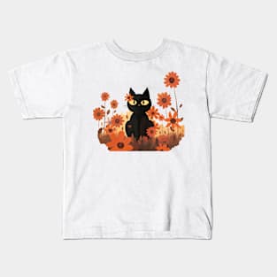 Vector Drawing of Cat and Flowers Kids T-Shirt